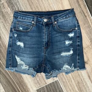 Blue Distressed Jean Shorts with Raw Hem